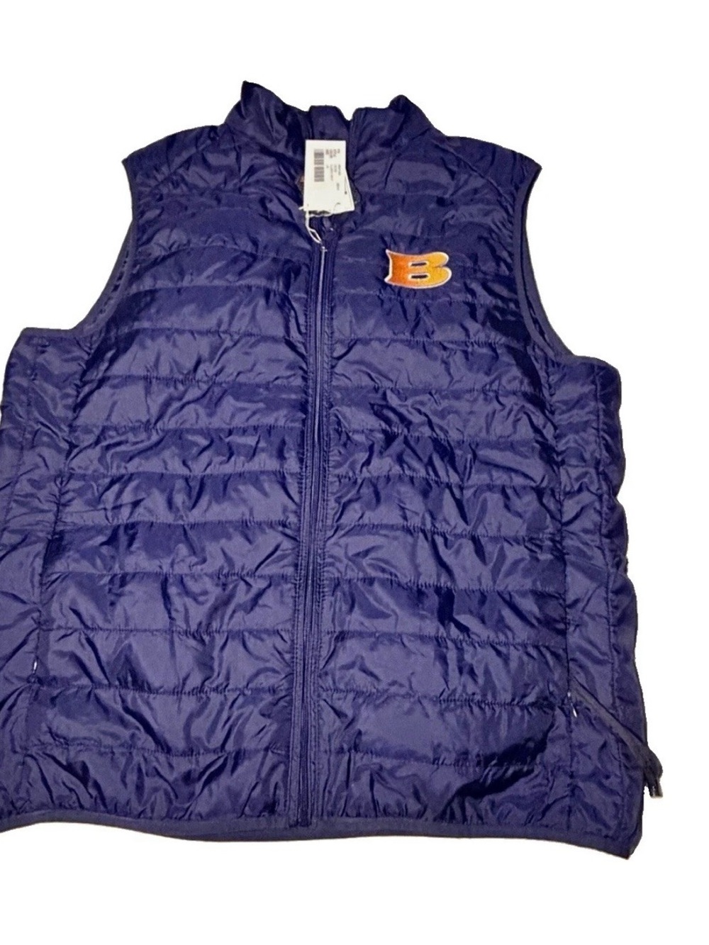 Navy Quilted Puffer Vest with Orange 'B' Patch - Men's Sleeveless Jacket